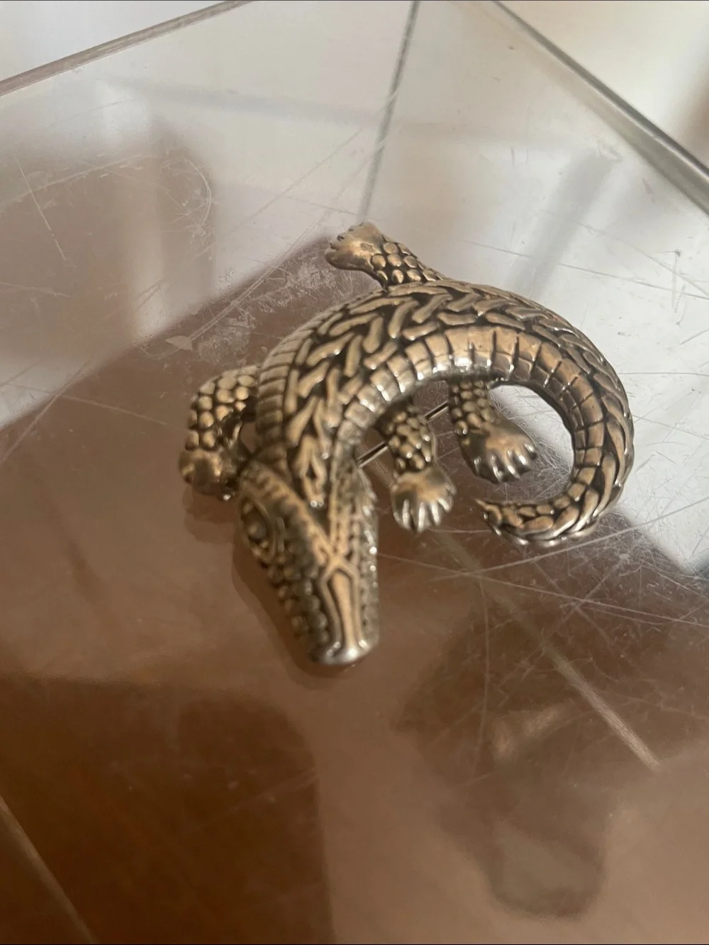 Silver Crocodile Reptile Figurine Brooch - stamped .925